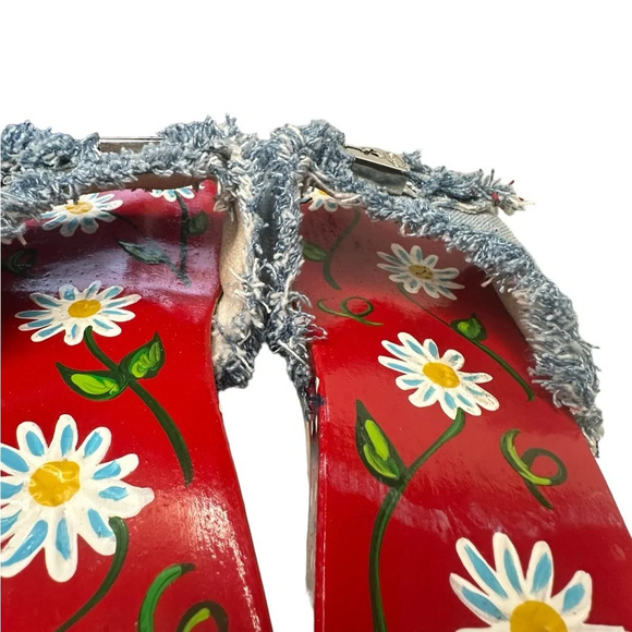 RARE Dr. Scholl’s Handpainted Mallys Denim Wooden Sole Slip-in Sandals - Picture 3 of 8